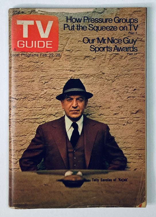 TV Guide Magazine from February 22, 1975, featuring Telly Savalas on the cover, showcasing vintage television history.