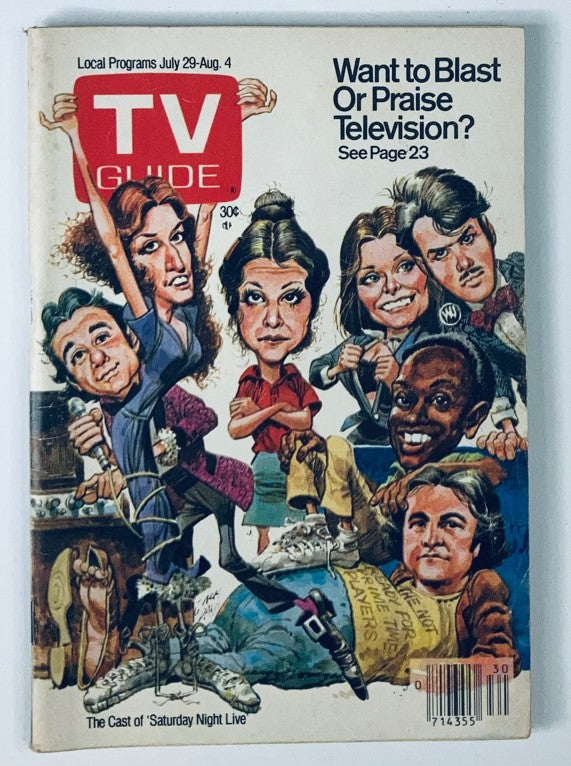 TV Guide Magazine cover from July 29, 1978 featuring the cast of Saturday Night Live, showcasing a cartoon-style illustration. The vibrant cover highlights the nostalgic charm of this vintage magazine, ideal for collectors.