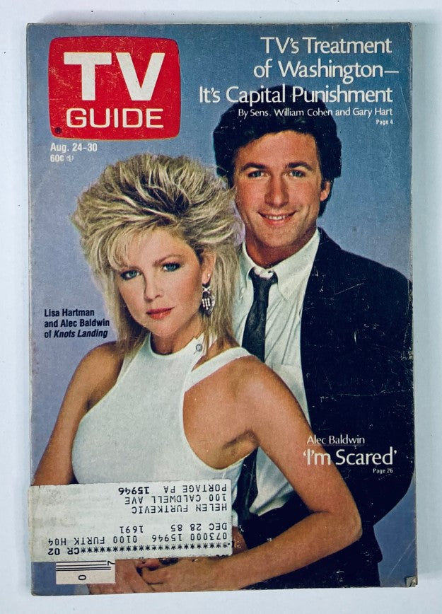Cover of TV Guide Magazine for August 24, 1985, featuring Lisa Hartman and Alec Baldwin from Knots Landing, discussing TV's treatment of capital punishment.
