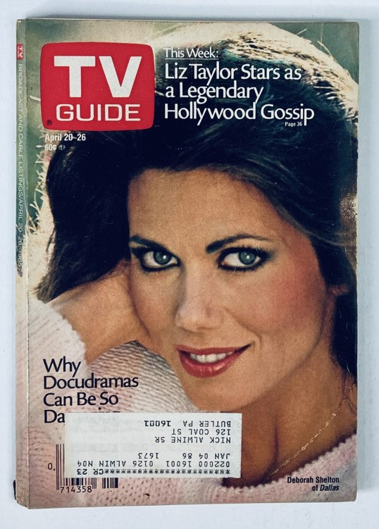 Vintage TV Guide Magazine cover from April 20, 1985, featuring Deborah Shelton. The magazine highlights popular TV programs from the 1980s, showcasing classic television culture.