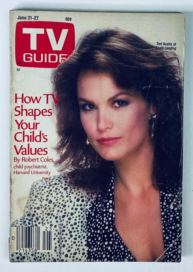 Cover of TV Guide Magazine from June 21, 1986 featuring Teri Austin, highlighting an article on how television shapes children's values. Vintage magazine perfect for collectors.