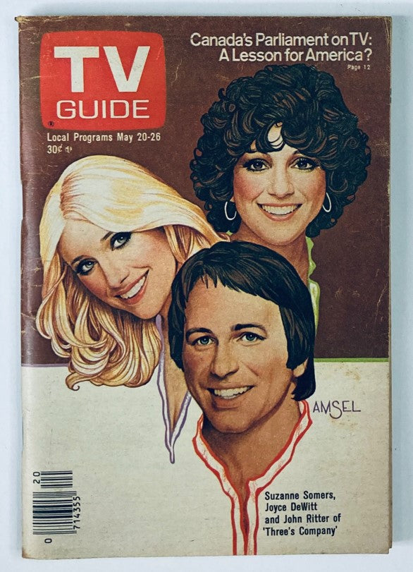 TV Guide Magazine May 20 1978 cover featuring Suzanne Somers, Joyce DeWitt, and John Ritter from 'Three's Company', a classic television show. Ideal for vintage magazine collectors and fans of 70s TV nostalgia.