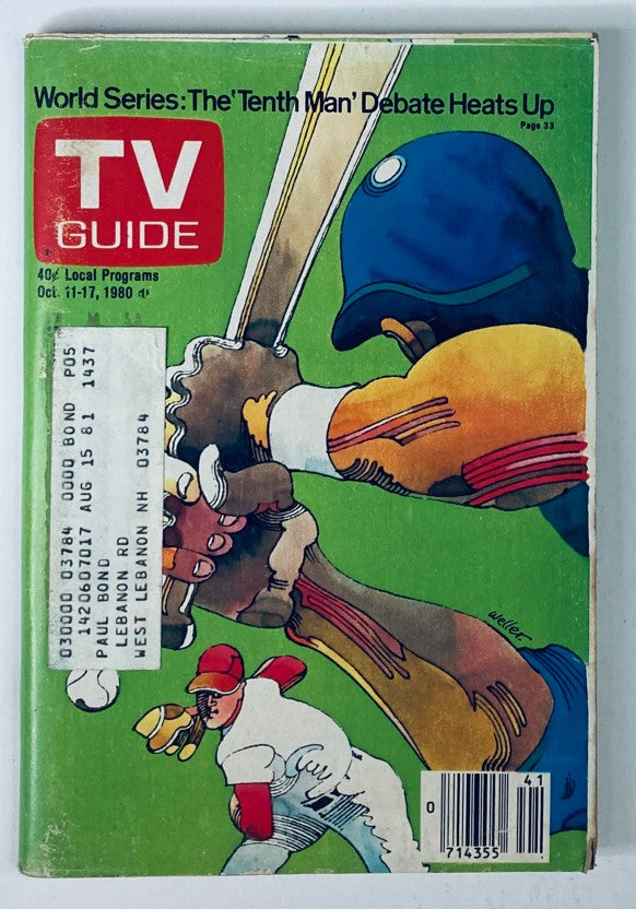 Cover of TV Guide Magazine from October 11, 1980, featuring artwork related to the World Series and the The Tenth Man debate, showcasing a baseball player ready to swing a bat against a colorful background.