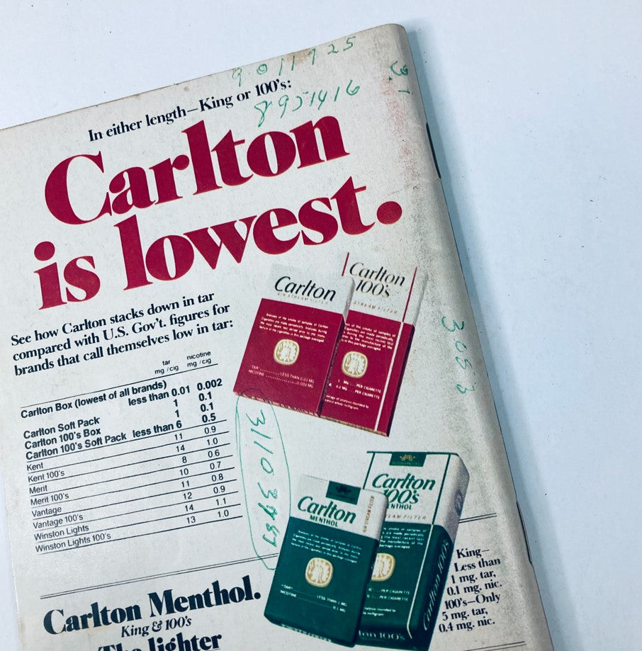 TV Guide Magazine August 30 1980 cover featuring an advertisement for Carlton cigarettes, detailing tar and nicotine content comparisons with other brands, presented in a vintage style.