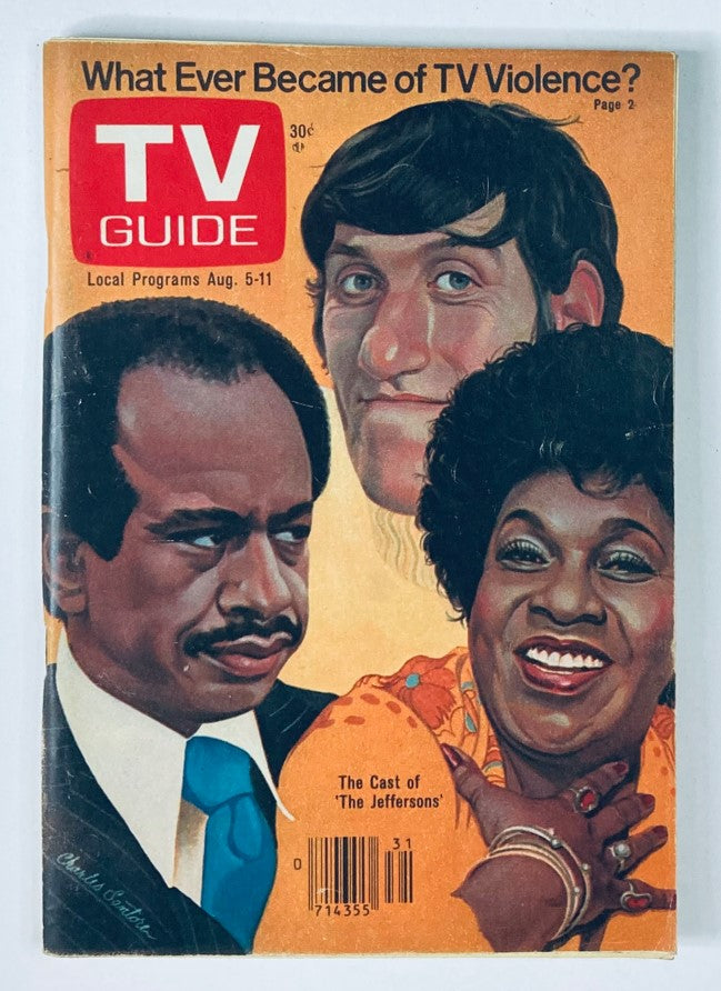 TV Guide Magazine cover from August 5, 1978 featuring the cast of The Jeffersons, showcasing iconic characters portrayed by actors in vibrant colors and artistic style. The magazine includes the headline 'What Ever Became of TV Violence?' and sells for 30 cents, highlighting its historical significance in television culture.