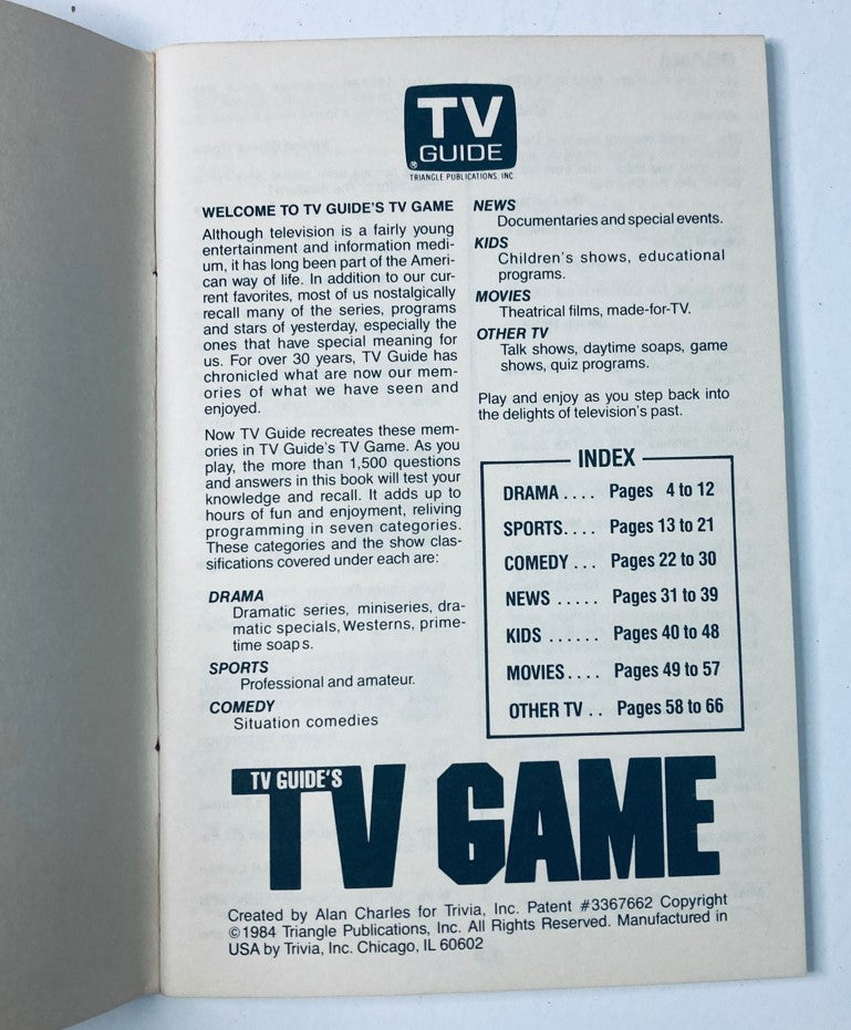 Inside page of TV Guide Magazine highlighting the TV Game feature, including instructions and an index, published in July 1981, focusing on television trivia.
