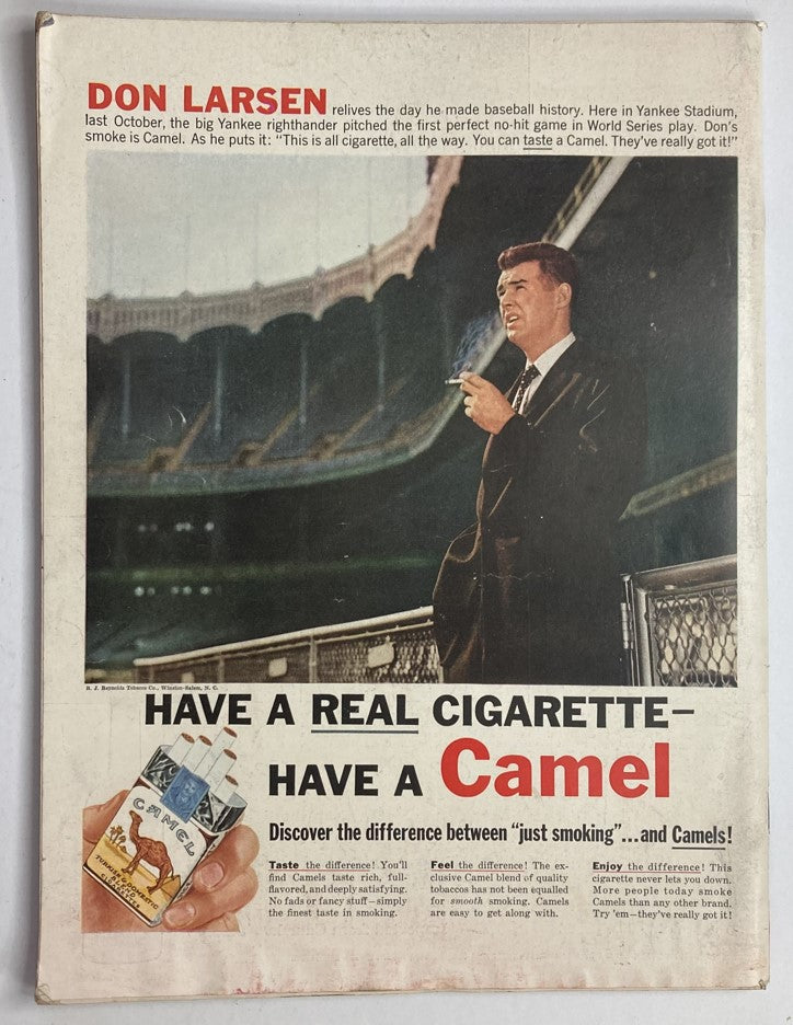 Back cover of VTG Life Magazine April 29 1957 featuring an advertisement for Camel cigarettes with a historical baseball reference.