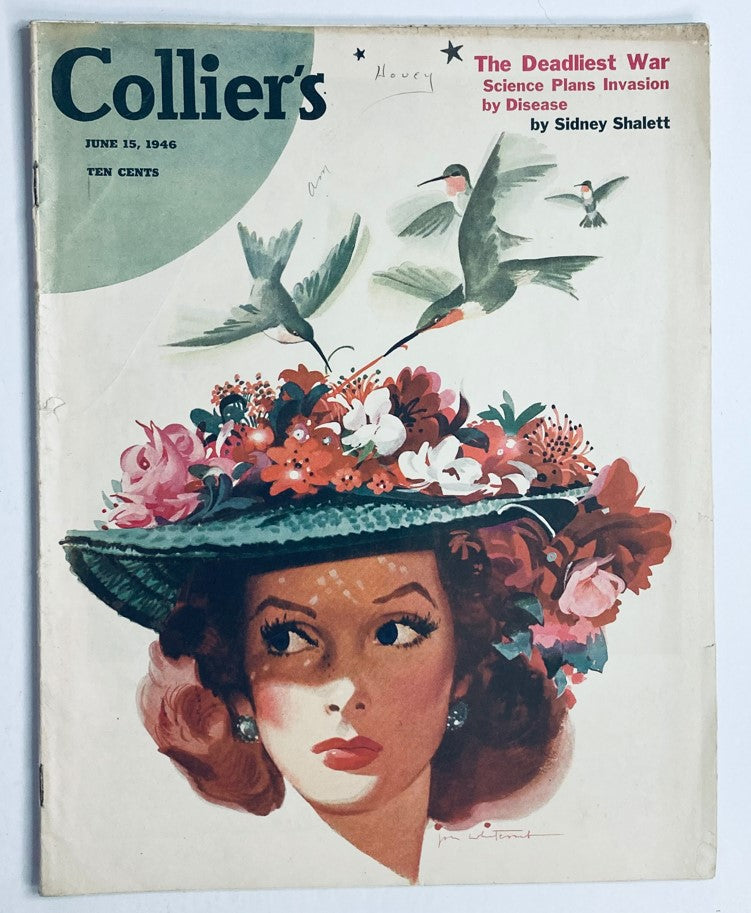 Collier's Magazine June 15, 1946 cover featuring a stylish woman with a floral hat and birds, promoting the theme "The Deadliest War". This vintage magazine captures post-World War II aesthetics.