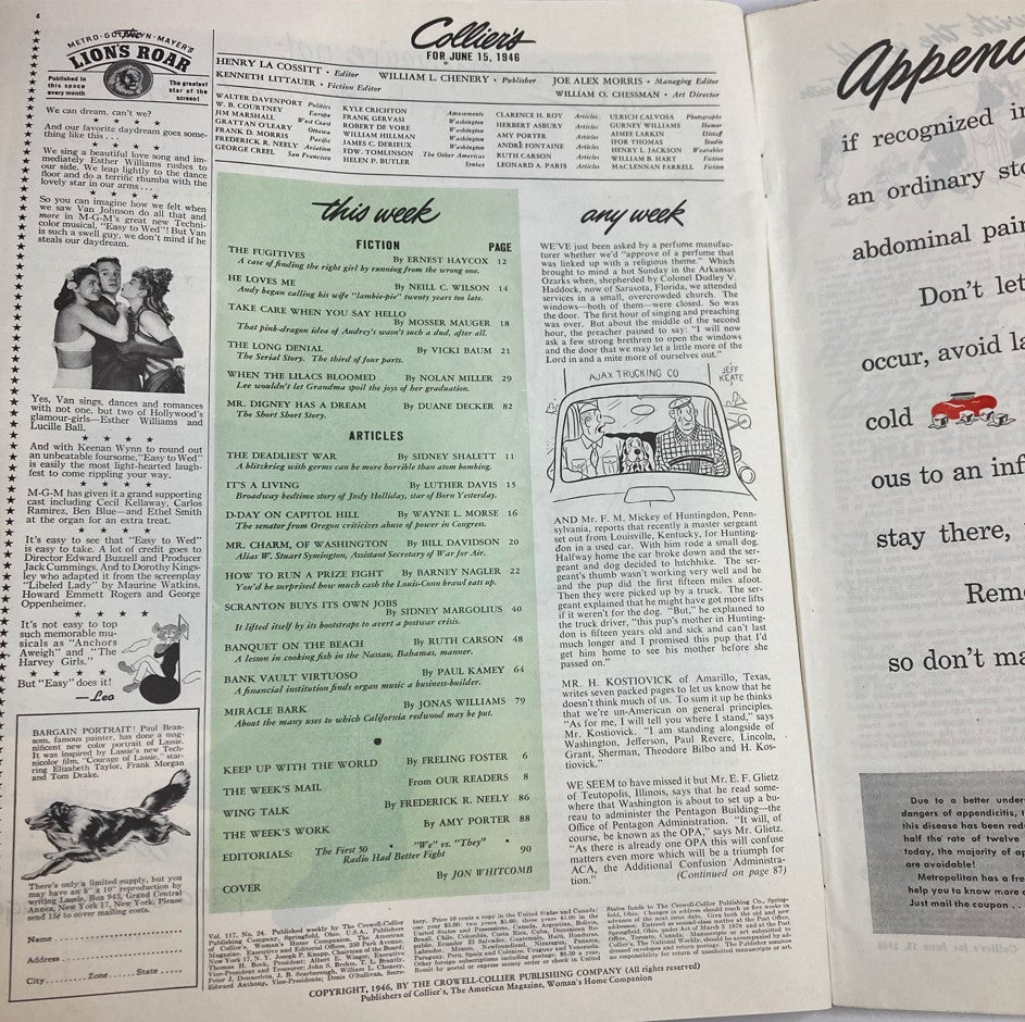 Interior page of Collier's Magazine June 15, 1946 showcasing the table of contents, featuring various articles including "The Deadliest War" by Sidney Shalett. A glimpse into mid-20th century media.