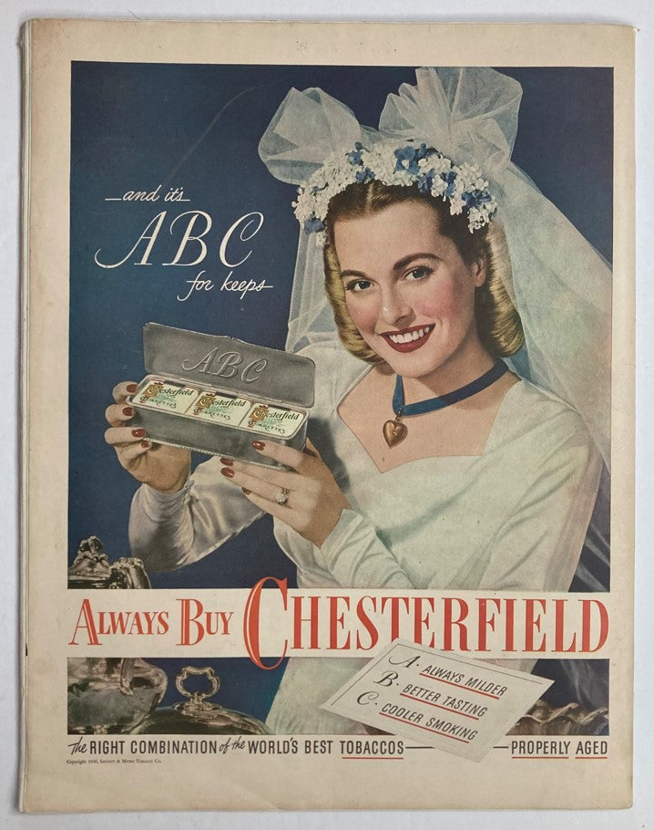 Back cover of Collier's Magazine June 15, 1946 featuring an advertisement for Chesterfield cigarettes, showcasing a smiling woman in bridal attire. A representation of vintage 1940s advertising.