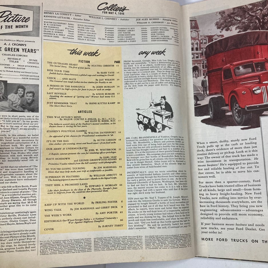 Inside spread of VTG Collier's Magazine May 4, 1946, displaying content listings including 'The Outraged Heart' alongside vintage advertisements reflecting post-war America.