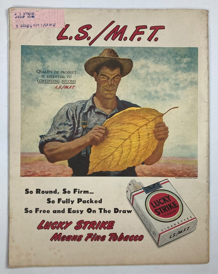 Back cover of a vintage advertisement for L.S./M.F.T. cigarettes featuring a farmer with tobacco leaves, from the VTG Collier's Magazine January 25 1947 Vol 119 No. 4.