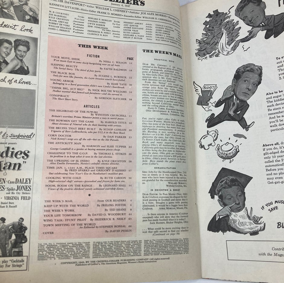 Inside page of VTG Collier's Magazine January 4 1947 Vol 119 No. 1 The Highroad of The Future displaying the table of contents and article listings.