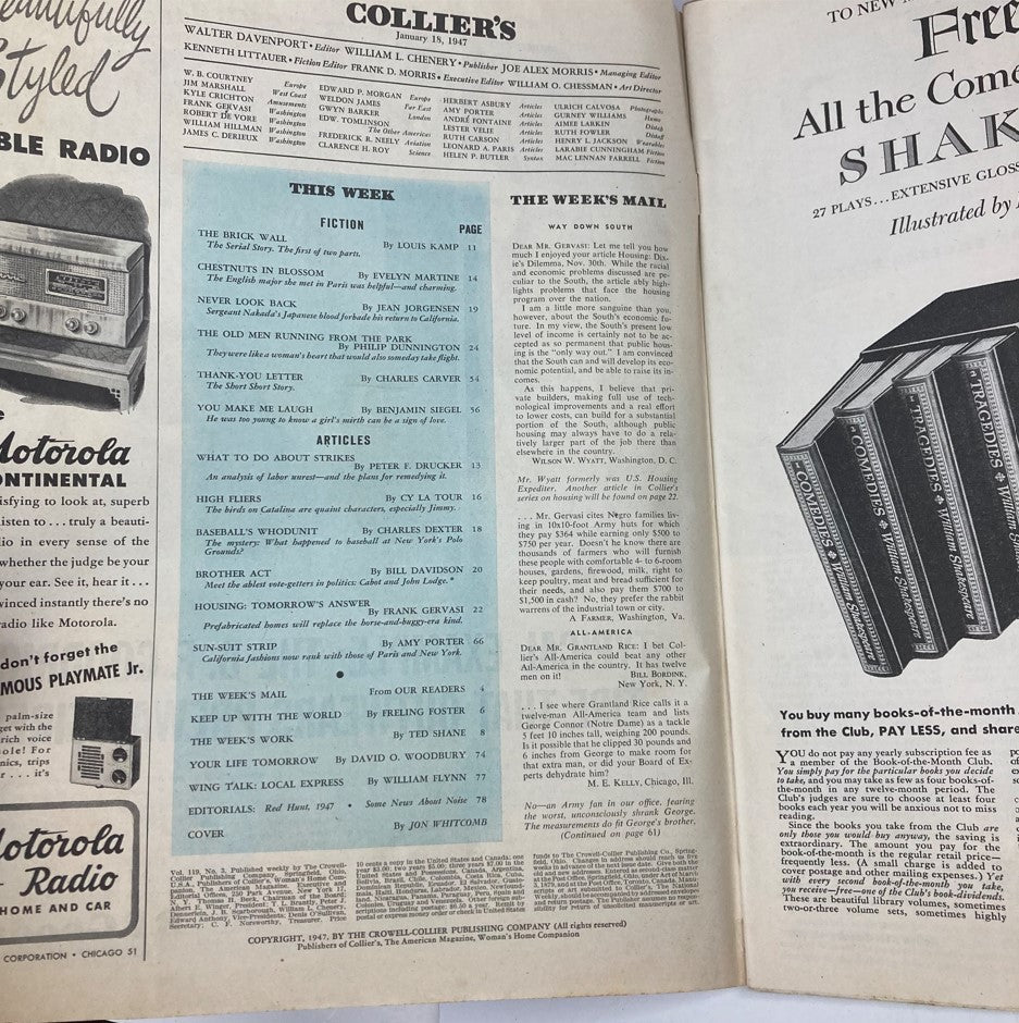 Interior pages of VTG Collier's Magazine January 18 1947, displaying the table of contents and various articles including Baseball's Whodunit.