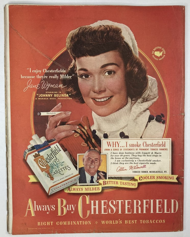 Vintage advertisement from VTG Collier's Magazine October 2, 1948, promoting Chesterfield cigarettes, featuring a smiling woman and boasting about the cigarettes being 'Always Milder'.