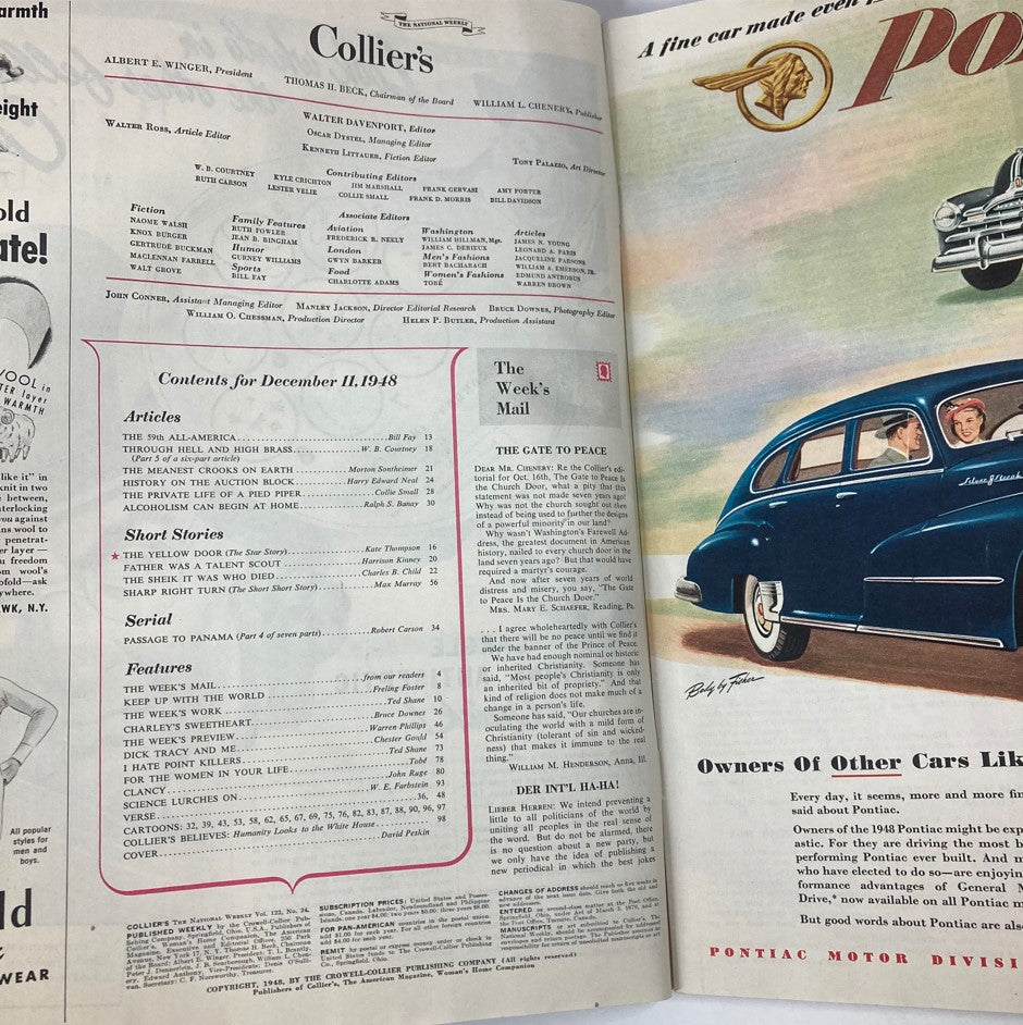 Inside spread of VTG Collier's Magazine December 11 1948 showcasing the table of contents and articles, providing insights into mid-20th century American media and features.