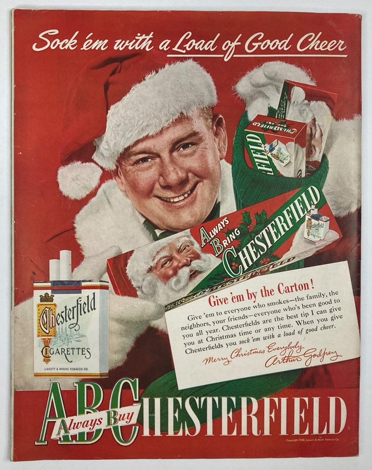 VTG Collier's Magazine December 11 1948 featuring a vintage advertisement for Chesterfield cigarettes with a smiling Santa Claus promoting holiday cheer.