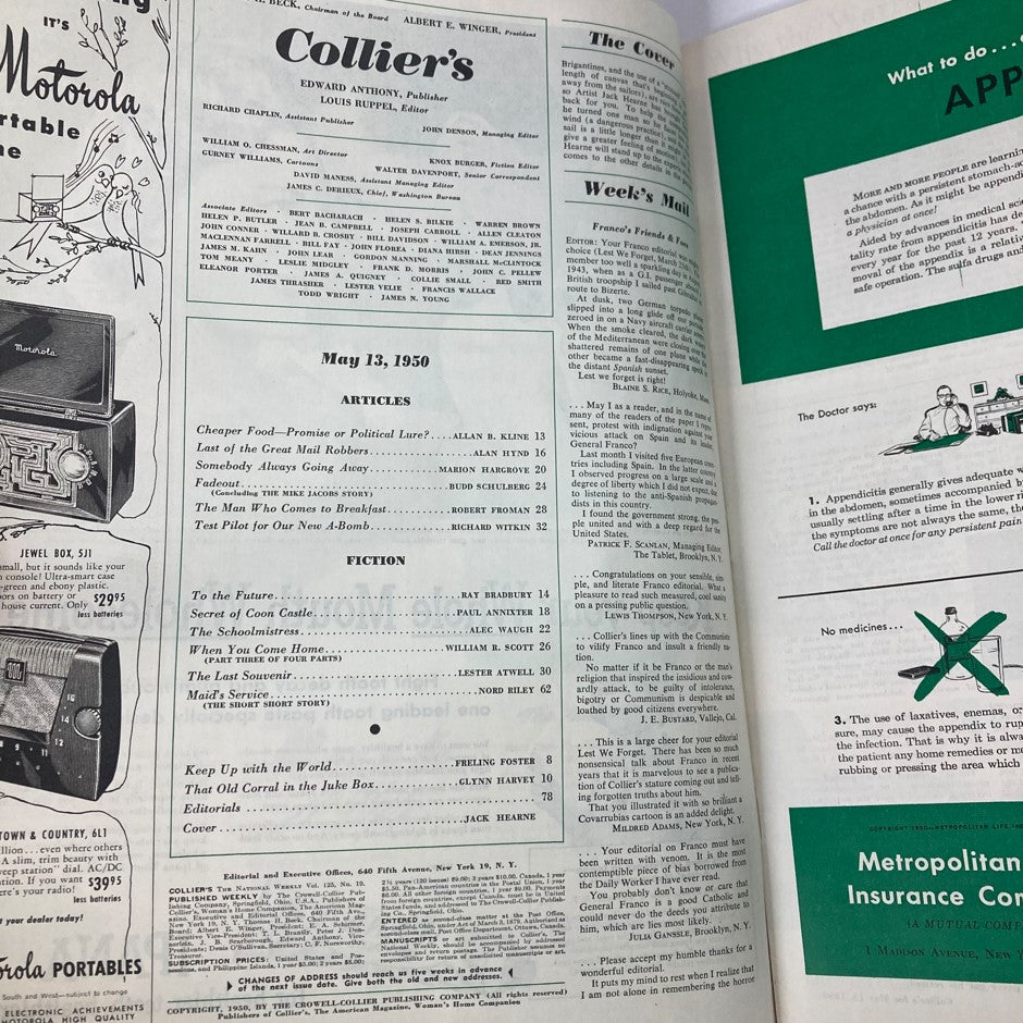 Inside page of VTG Collier's Magazine May 13 1950 Vol 125 No. 10 showing the table of contents and articles including "Cheaper Food—Promise or Political Lure?" alongside various advertisements from the era.