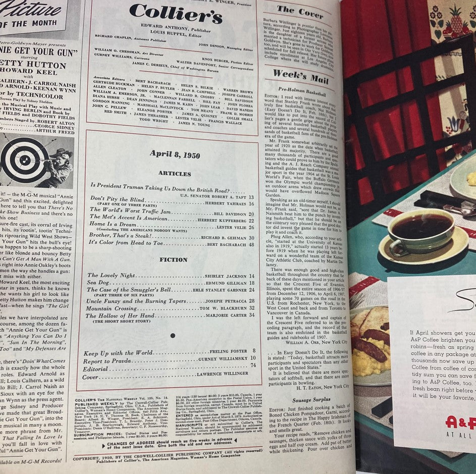 Editorial page of VTG Collier's Magazine April 8 1950 Vol 125 No. 14, listing articles including 'The World's Worst Traffic Jam' and other features relevant to the mid-20th-century audience.