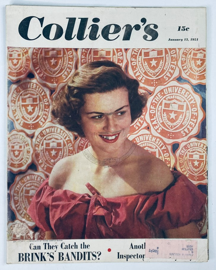 Cover of VTG Collier's Magazine from January 13, 1951, Vol 127 No. 2 featuring a woman in a vintage dress, with the title 'Catch The Brink's Bandits' prominently displayed.