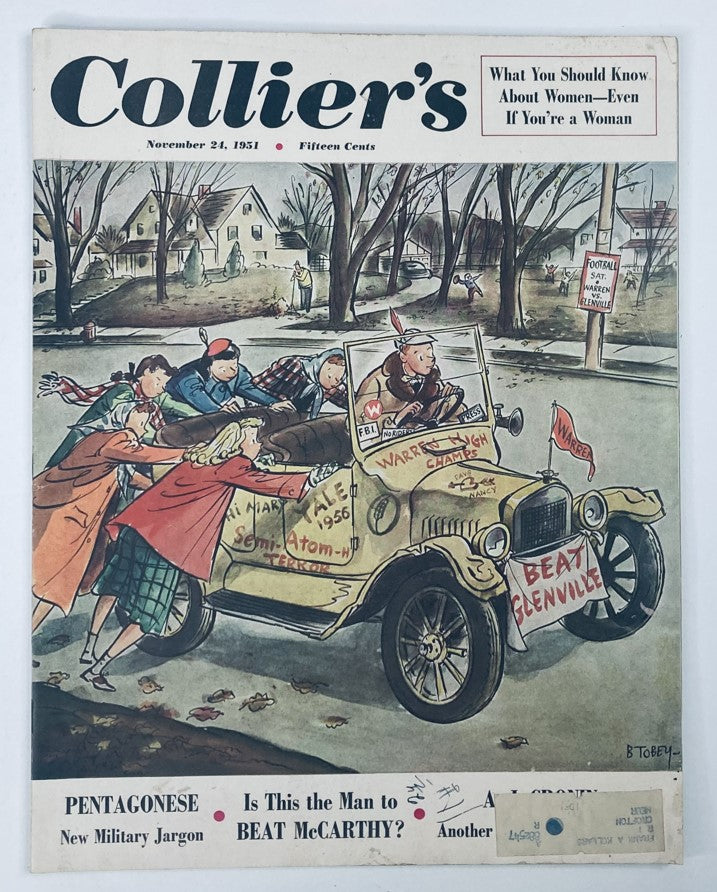 Vintage Collier's Magazine cover from November 24, 1951, featuring a cartoon depicting a group in a decorated car and discussing military jargon, showcasing the unique art style of the era.