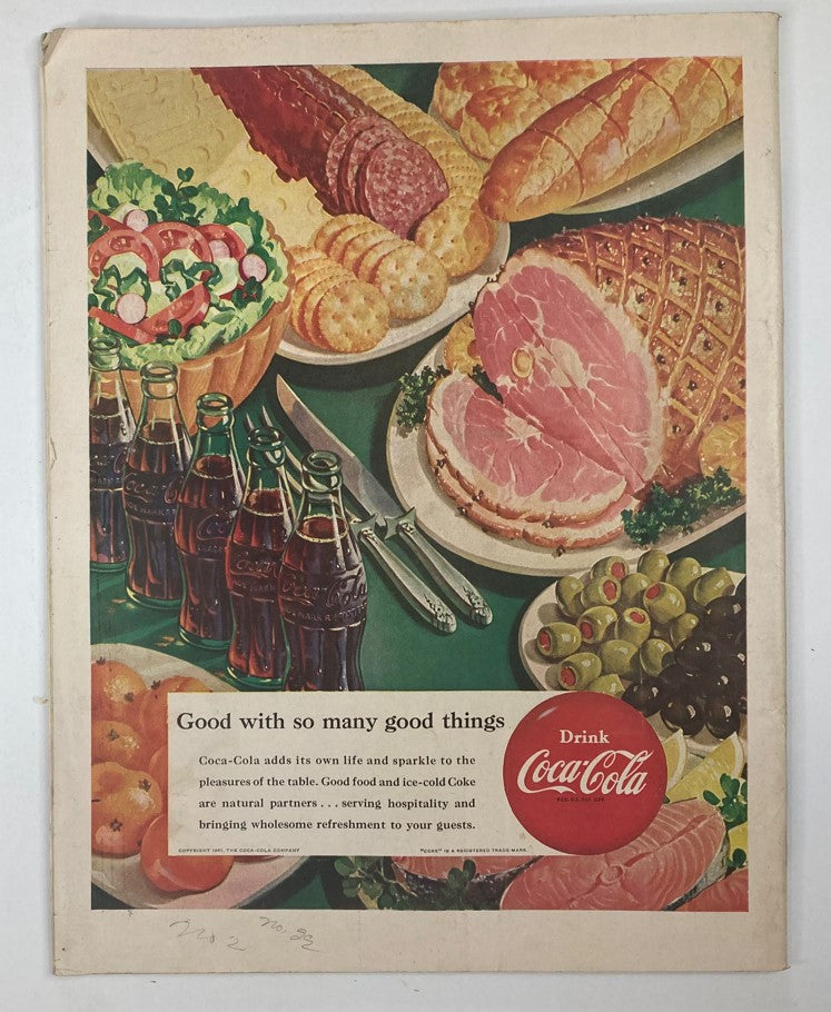 Back cover of Collier's Magazine from November 24, 1951, featuring a colorful advertisement for Coca-Cola, showcasing food items and emphasizing hospitality, capturing mid-20th century marketing aesthetics.