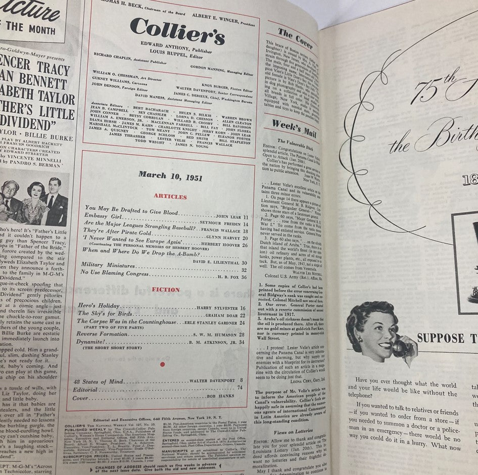 Interior page of VTG Collier's Magazine March 10 1951 featuring the table of contents, articles, and fiction titles including 'They're After Pirate Gold' in Volume 127, Number 10.