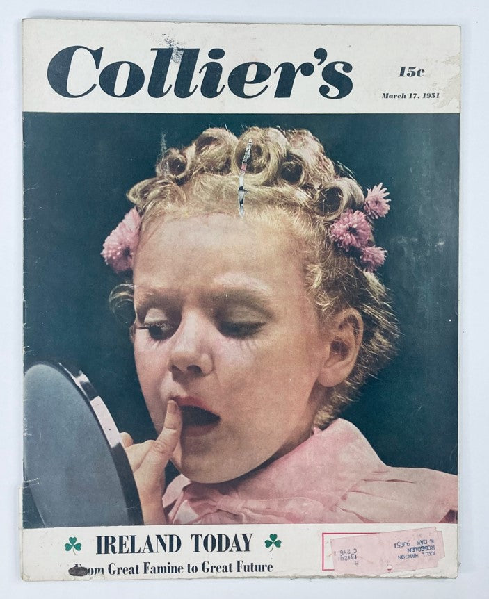 Front cover of VTG Collier's Magazine March 17, 1951, Vol 127 No. 11 featuring a young girl applying makeup, with the theme 'Great Famine to Great Future' highlighted.