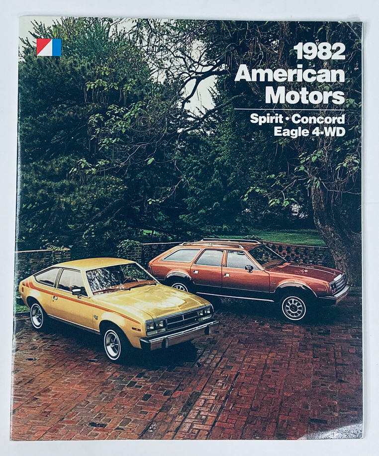 1982 American Motors Spirit Dealer Showroom Sales Brochure featuring a yellow Spirit and a brown Eagle 4-WD parked in a green outdoor setting.