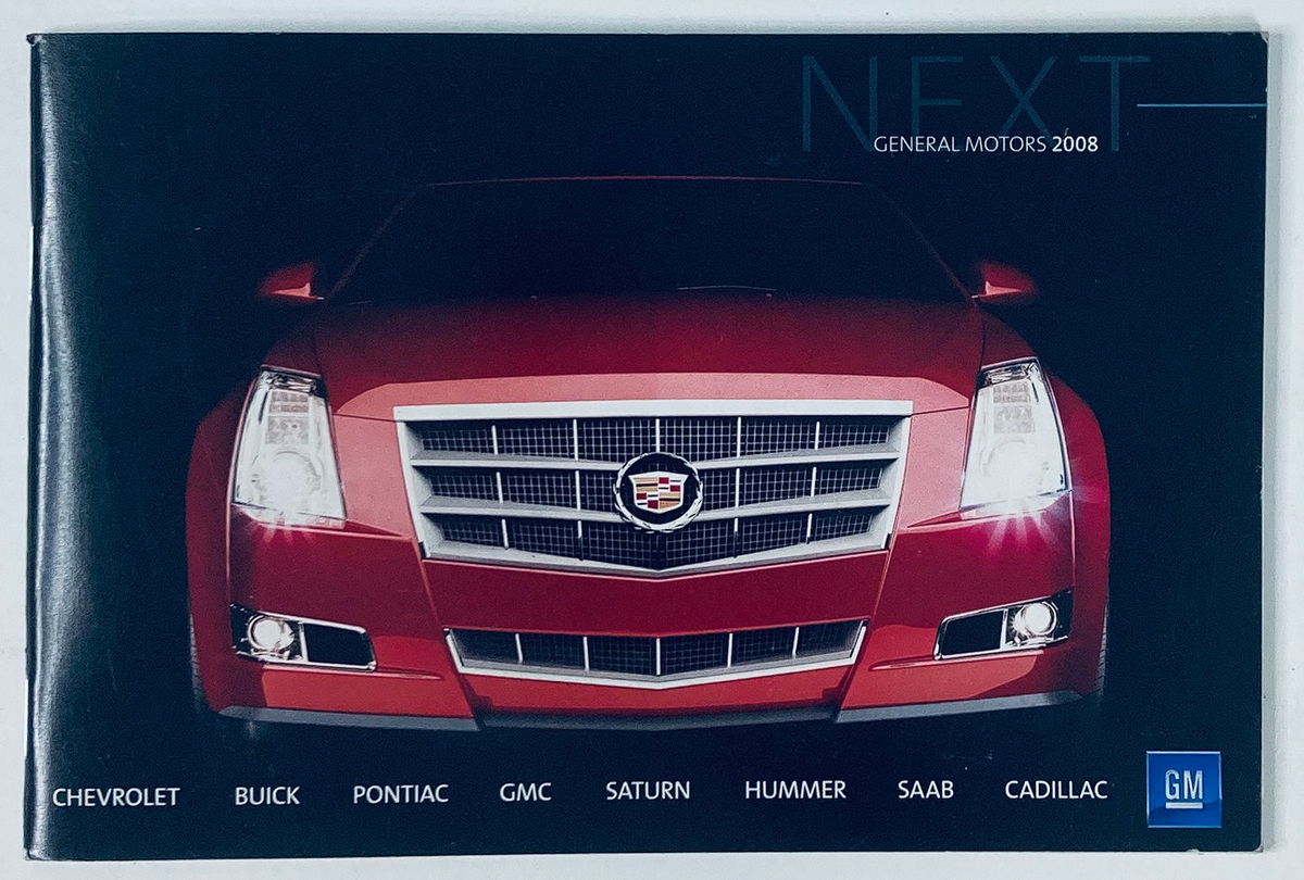 2008 General Motors Chevrolet Dealer Showroom Sales Brochure Guide Catalog featuring a striking red Cadillac vehicle on the front cover with the logo and brands like Chevrolet, Buick, Pontiac, GMC, Saturn, Hummer, Saab, and Cadillac listed.