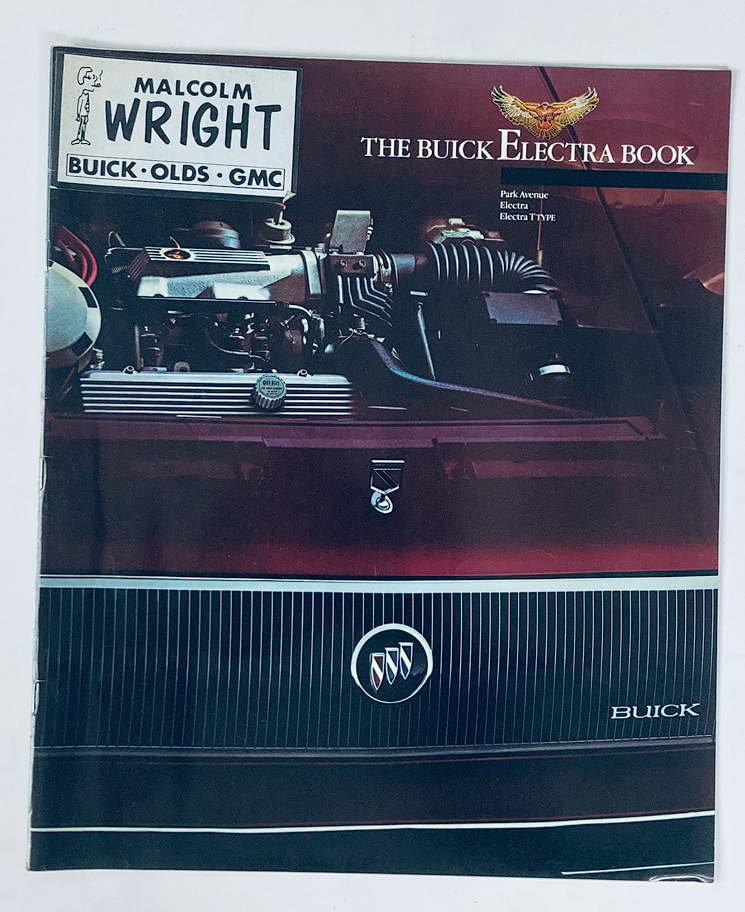 Cover of the 1985 Buick Electra Dealer Showroom Sales Brochure Guide Catalog featuring a classic Buick engine and the Buick logo.