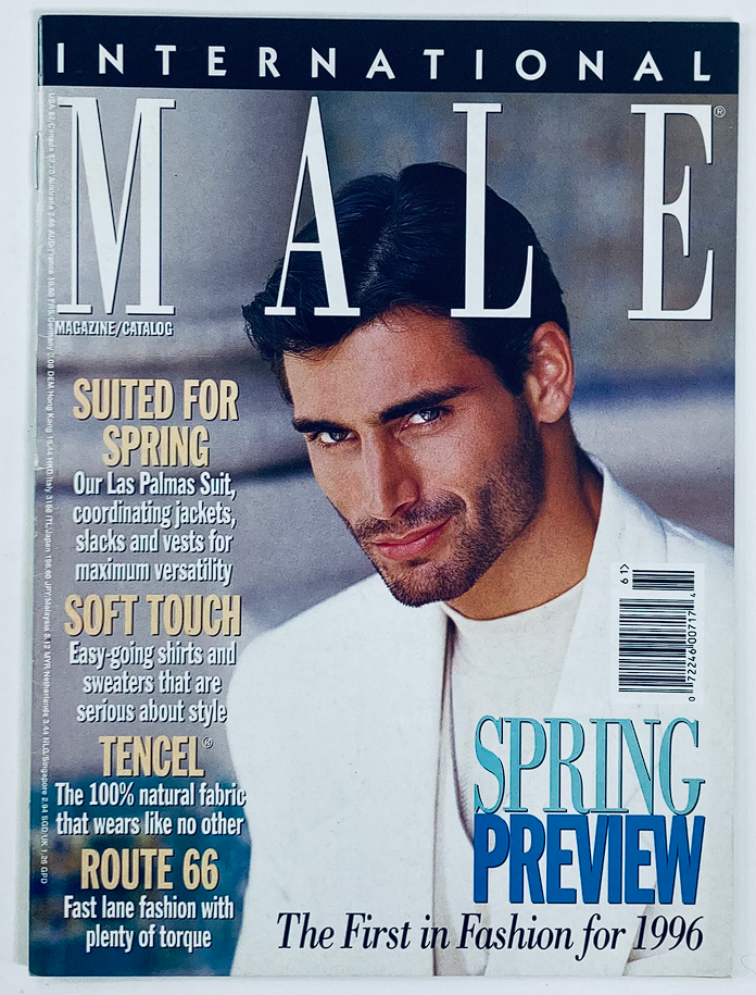 1996 International Male Magazine Catalog featuring Bryce Buell on the cover, showcasing fashion trends for spring with a focus on versatility and distinctive styles.