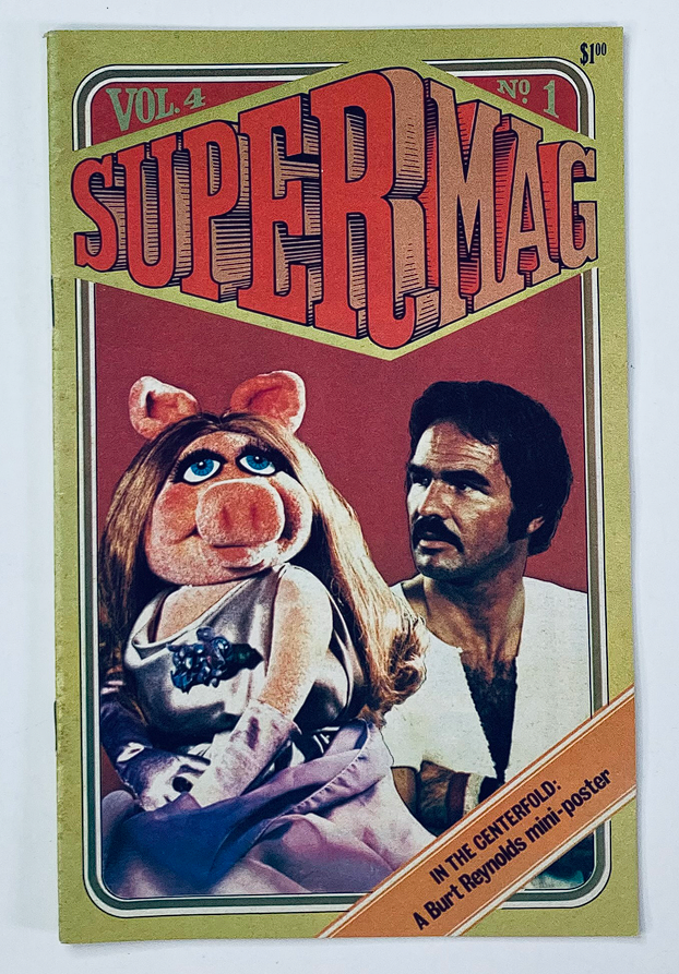 Cover of VTG SuperMag Magazine Vol 4 No. 1 featuring a prominent image of a character with iconic hair and Burt Reynolds portrayed beside them. No label present.