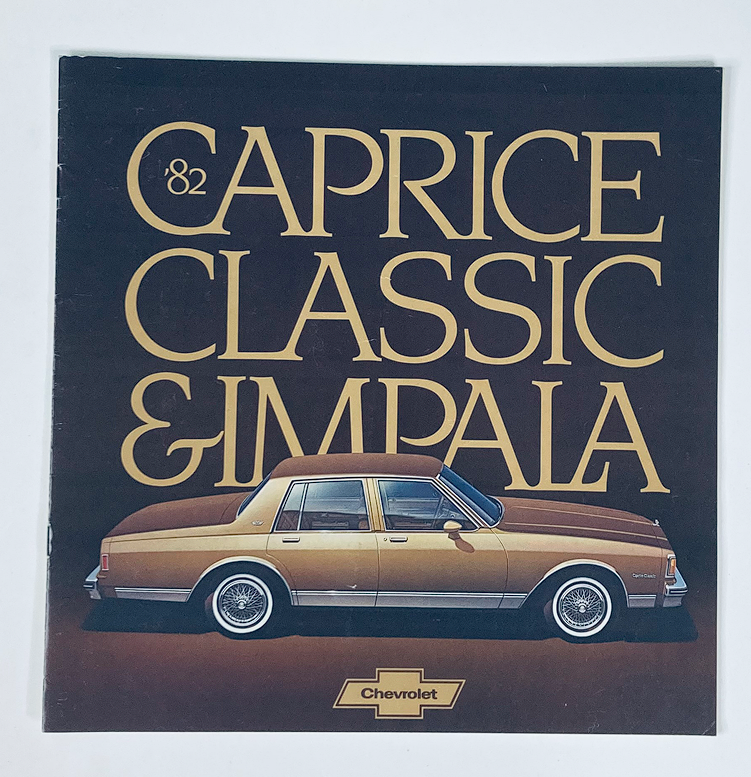 1982 Chevrolet Caprice & Impala Dealer Showroom Sales Brochure Guide Catalog featuring a side view of a classic Caprice with distinctive styling and a gold and brown color scheme, highlighting the Chevrolet logo.