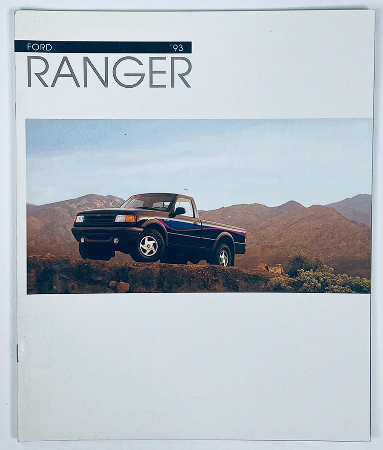 Cover of the 1993 Ford Ranger Dealer Showroom Sales Brochure Guide Catalog featuring a black Ford Ranger truck against a scenic mountainous backdrop.