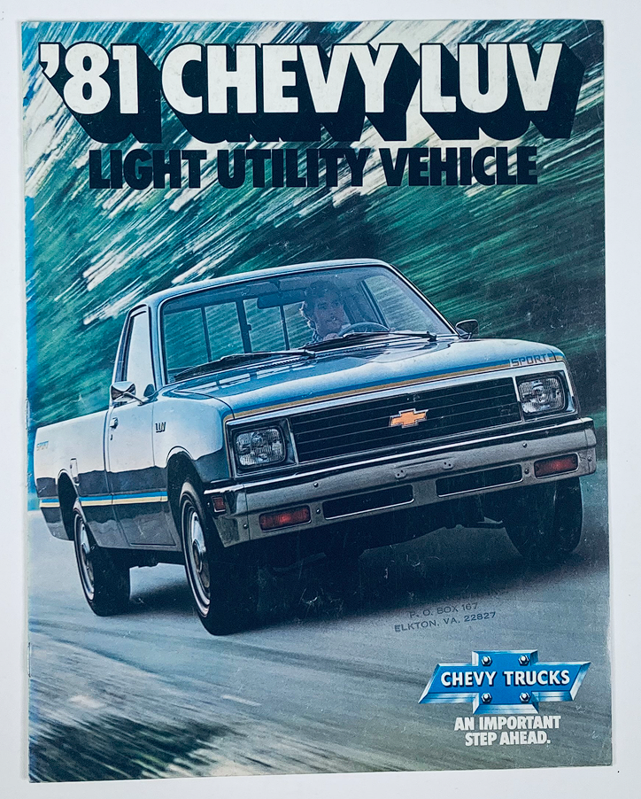 1981 Chevrolet LUV Lineup Dealer Showroom Sales Brochure featuring a light utility vehicle in motion, showcasing its design and performance.