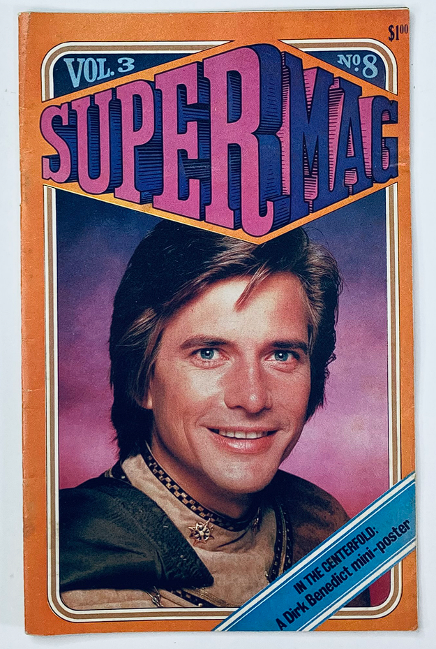 VTG SuperMag Magazine Vol 3 No. 8 cover featuring a portrait of Dirk Benedict, in vibrant colors and vintage design.
