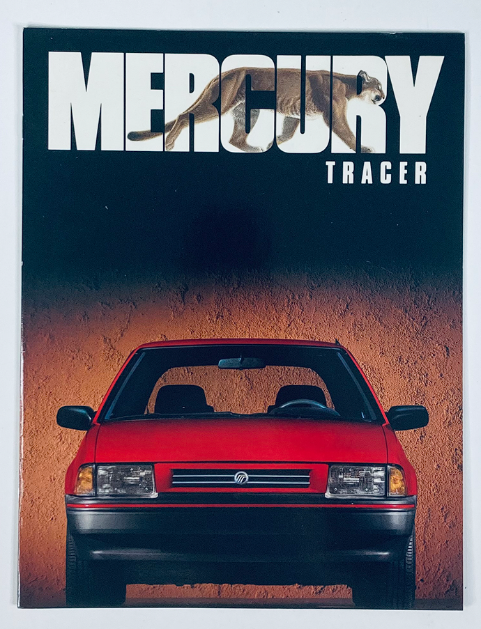 Cover of the 1990 Mercury Tracer Dealer Showroom Sales Brochure, featuring a red Mercury Tracer car against a textured background with bold text.