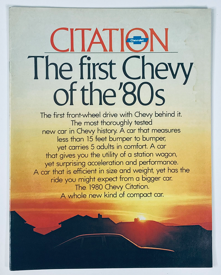 1980 Chevrolet Citation Dealer Showroom Sales Brochure Guide Catalog featuring an informative cover highlighting the Chevy Citation as the first front-wheel drive car with remarkable features and spaciousness for passenger comfort.