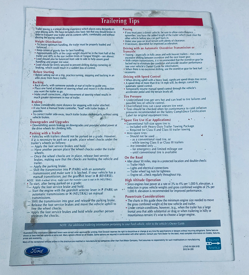 1994 Ford Trailer Towing Dealer Showroom Sales Brochure Guide Catalog showing a page with trailer towing tips and guidelines, emphasizing safe towing practices.
