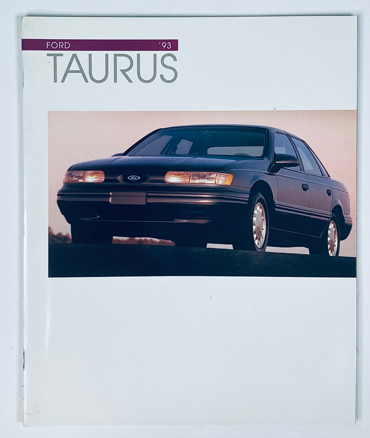 1993 Ford Taurus Dealer Showroom Sales Brochure Guide Catalog cover featuring a sleek black Ford Taurus sedan against a sunset backdrop.