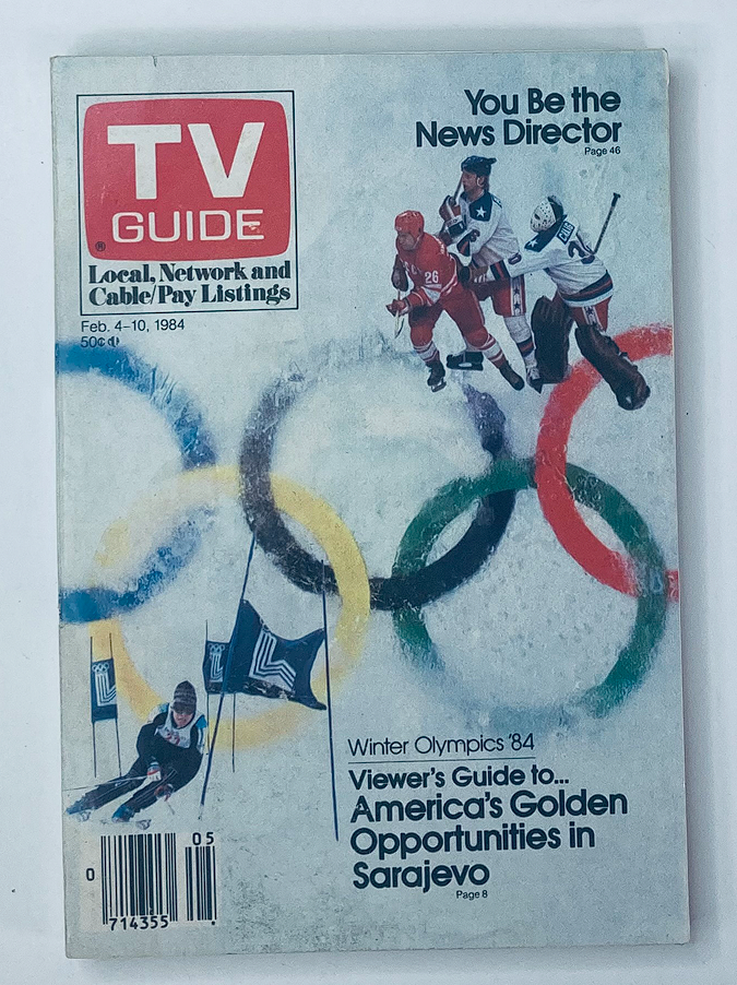 Cover of TV Guide Magazine dated February 4, 1984, featuring the Winter Olympics, showcasing Olympic rings and winter sports athletes, reflecting the excitement of the event in Central Indiana.
