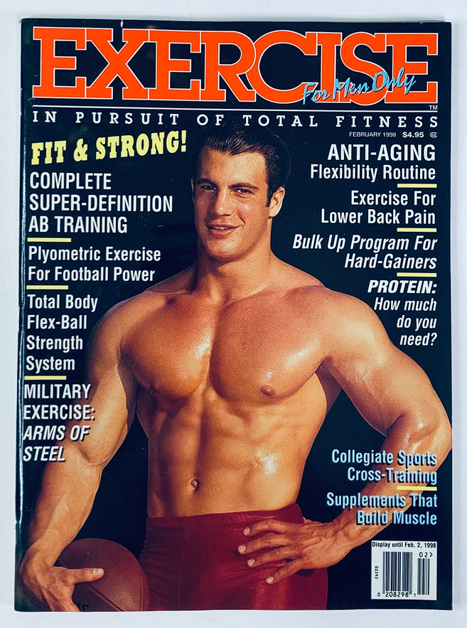 Cover of Exercise for Men Only Magazine, February 1998, Vol 14 #1, featuring a muscular man holding a football. The tagline emphasizes fit and strong content with topics on fitness trends, ab training, and military exercises.