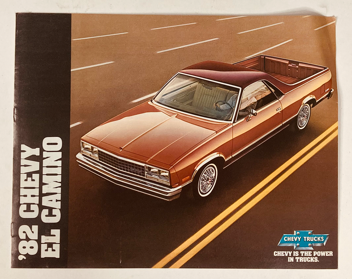 1982 Chevrolet Trucks El Camino Dealer Showroom Sales Brochure featuring a vintage brown El Camino on a highway, showcasing classic automotive design.
