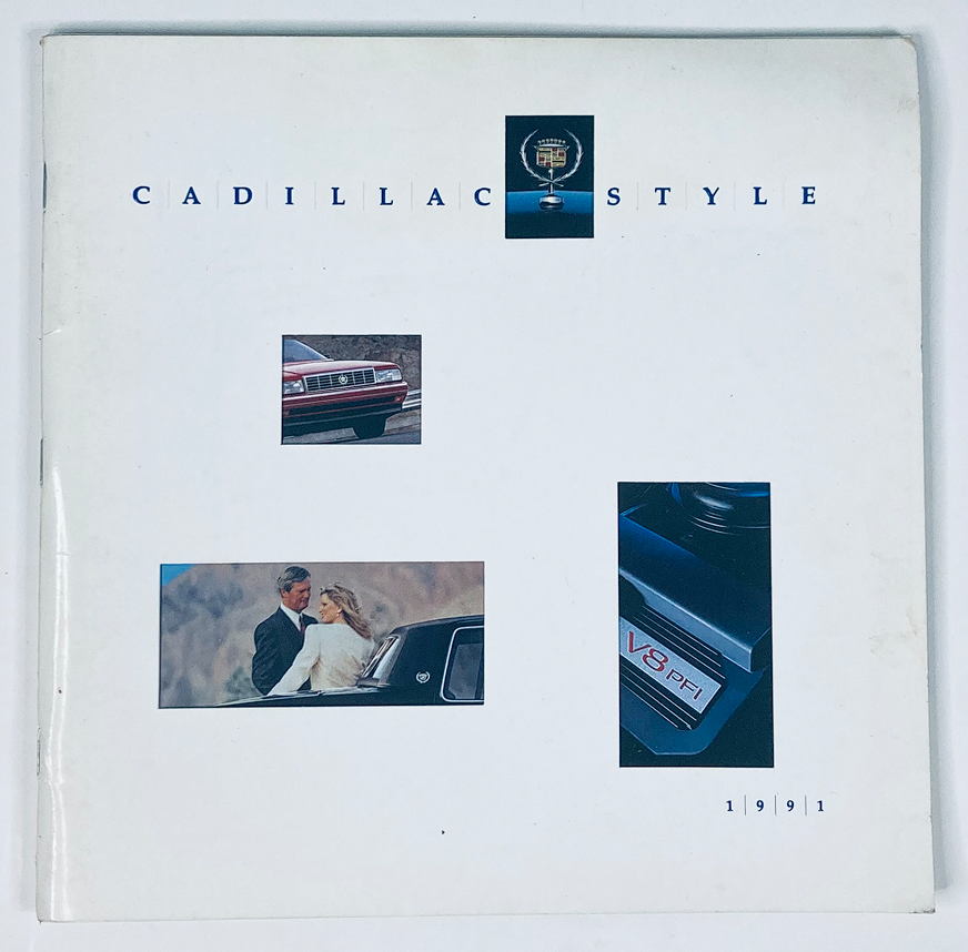 Cover of the 1991 Cadillac Style Lineup Dealer Showroom Sales Brochure Guide Catalog featuring a Cadillac vehicle, a couple by a car, and branding elements from Cadillac.