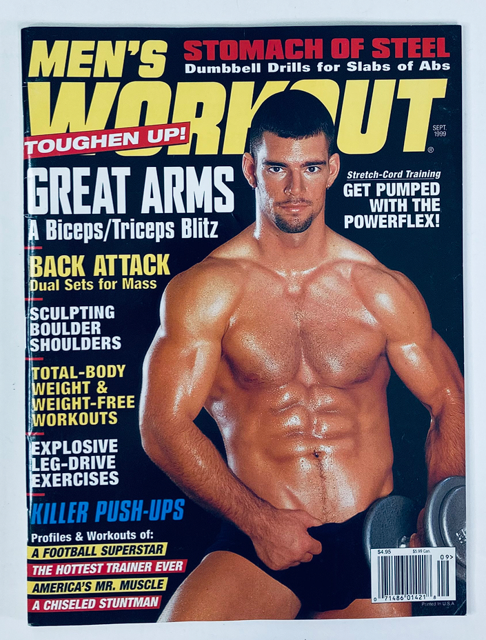 Men's Workout Magazine September 1999 cover featuring the title, Back Attack: Dual Sets for Mass, with a muscular male model promoting fitness and workout strategies.