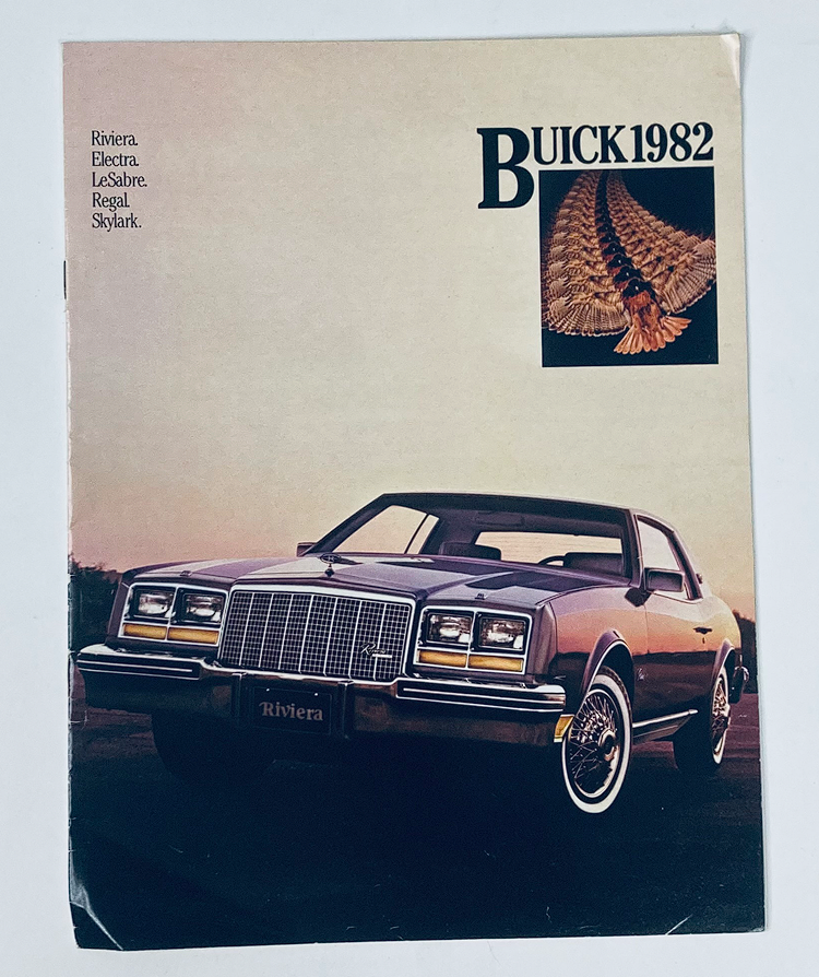 1982 Buick Rivera Electra Dealer Showroom Sales Brochure Catalog featuring a stylish Buick Riviera car against a sunset background, highlighting the elegance and features of Buick vehicles for the 1982 model year.
