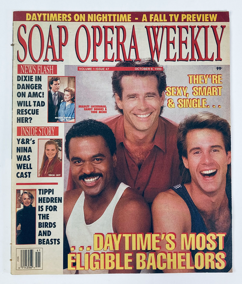 Cover of Soap Opera Weekly Magazine, October 9, 1990, Vol 1 #47 featuring Bradley Lockerman and other soap opera stars, highlighting daytime's most eligible bachelors and showcasing a vibrant design reflecting 1990s television culture.