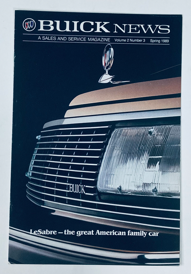 1989 Buick Vol 2 #3 LeSabre Dealer Showroom Sales Brochure Guide Catalog cover featuring the Buick emblem and a detailed front grille of the Buick LeSabre, showcasing its classic design and highlighting it as the great American family car.