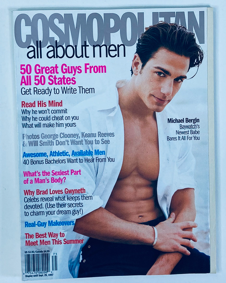 Cover of Cosmopolitan Magazine 1997 featuring Michael Bergin, showcasing 90s fashion and lifestyle. Highlights articles on relationships, celebrity features, and men's style.